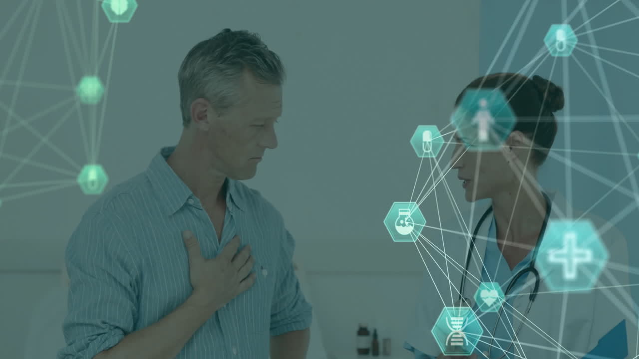 Animation of network of connections with icons over caucasian female doctor and male patient talking