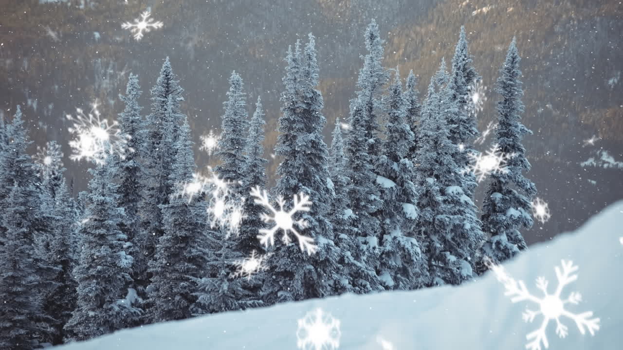 겨울 시골 풍경 위에 내리는 눈의 애니메이션