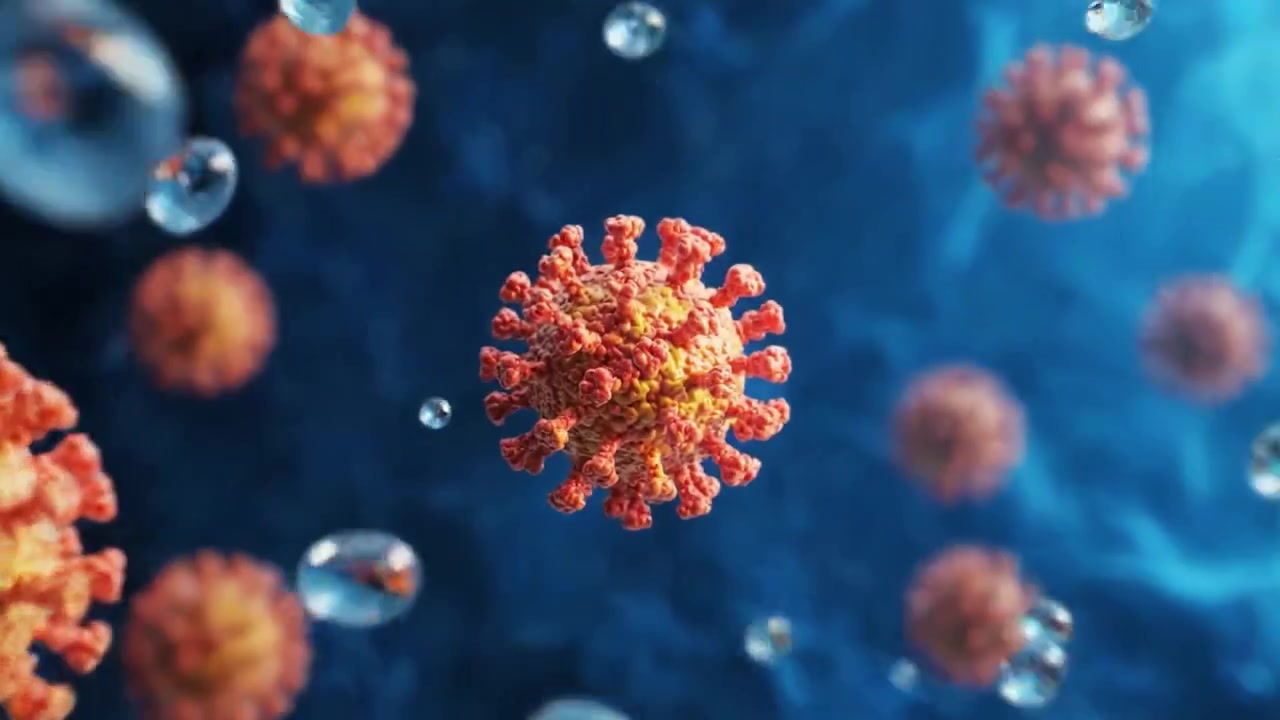 Visualizzazione dettagliata di particelle del virus COVID-19 in un contesto scientifico, evidenziando le caratteristiche strutturali e le loro implicazioni per la salute e la sicurezza.