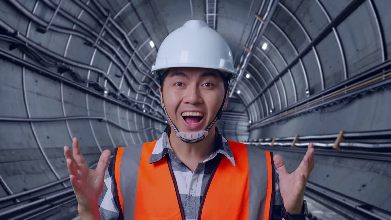 Close Up Of Asian Male Engineer With Safety Helmet Smiling To Camera And Saying Wow While Standing In Underground Subway Tunnel