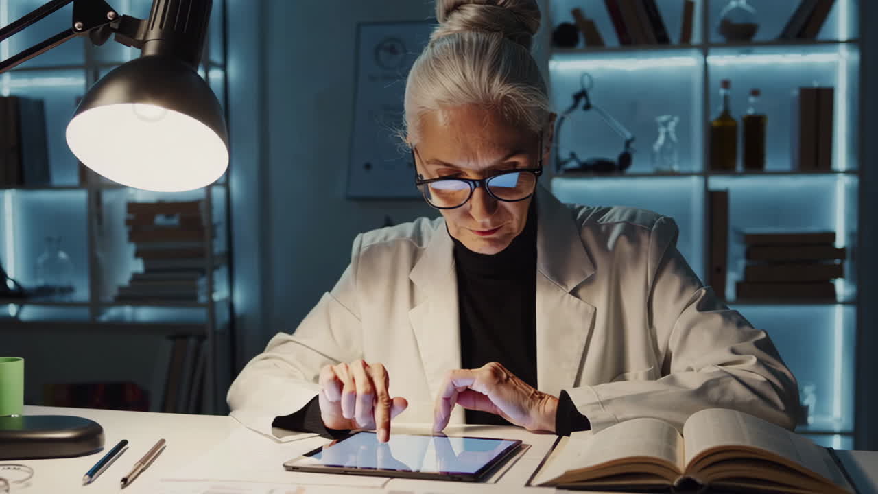 Senior Scientist Working Late in Laboratory