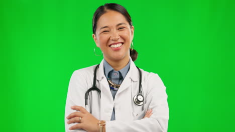 Happy-asian-woman,-doctor-and-arms-crossed