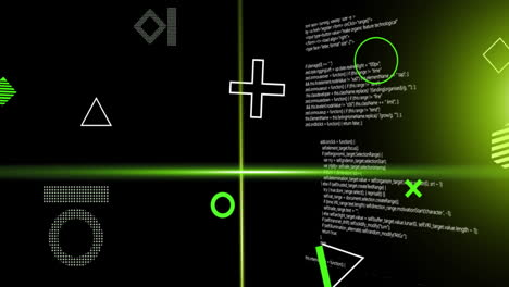 Animation of green scanner beams and rotating shapes over data processing on dark background