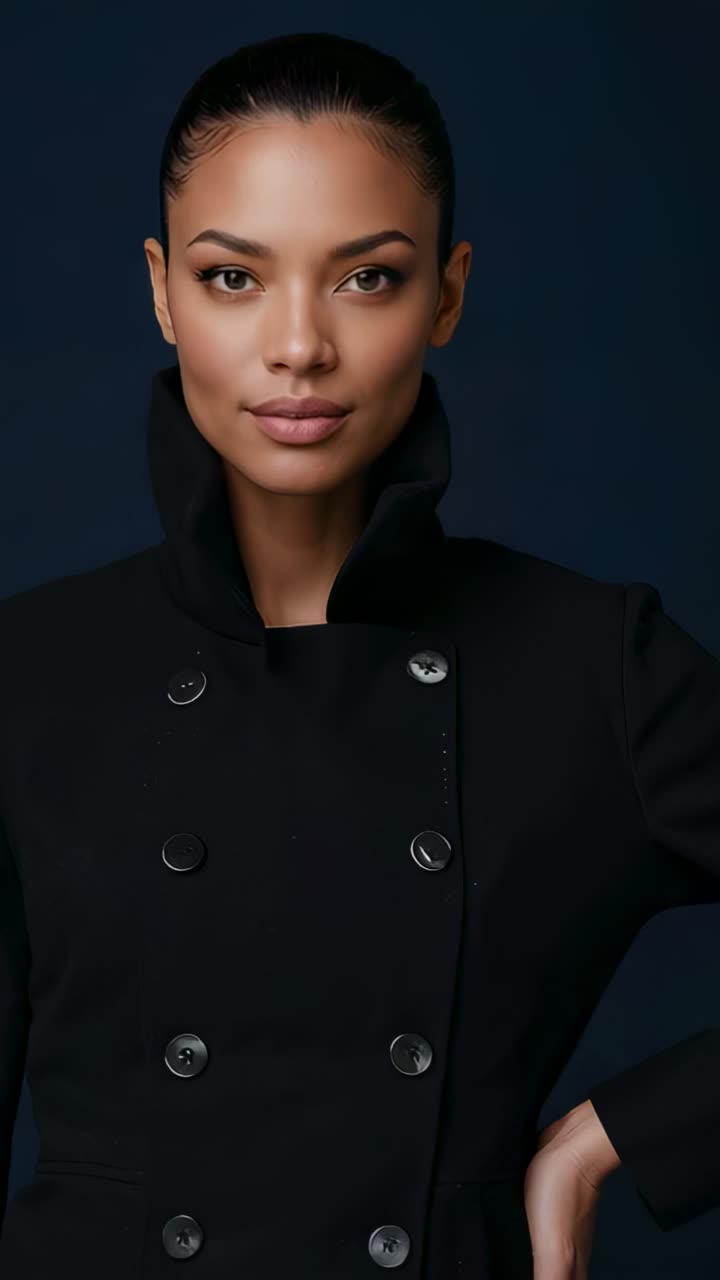 Vertical video: Posing model tilting head and shifting gaze with navy backdrop, wearing black coat