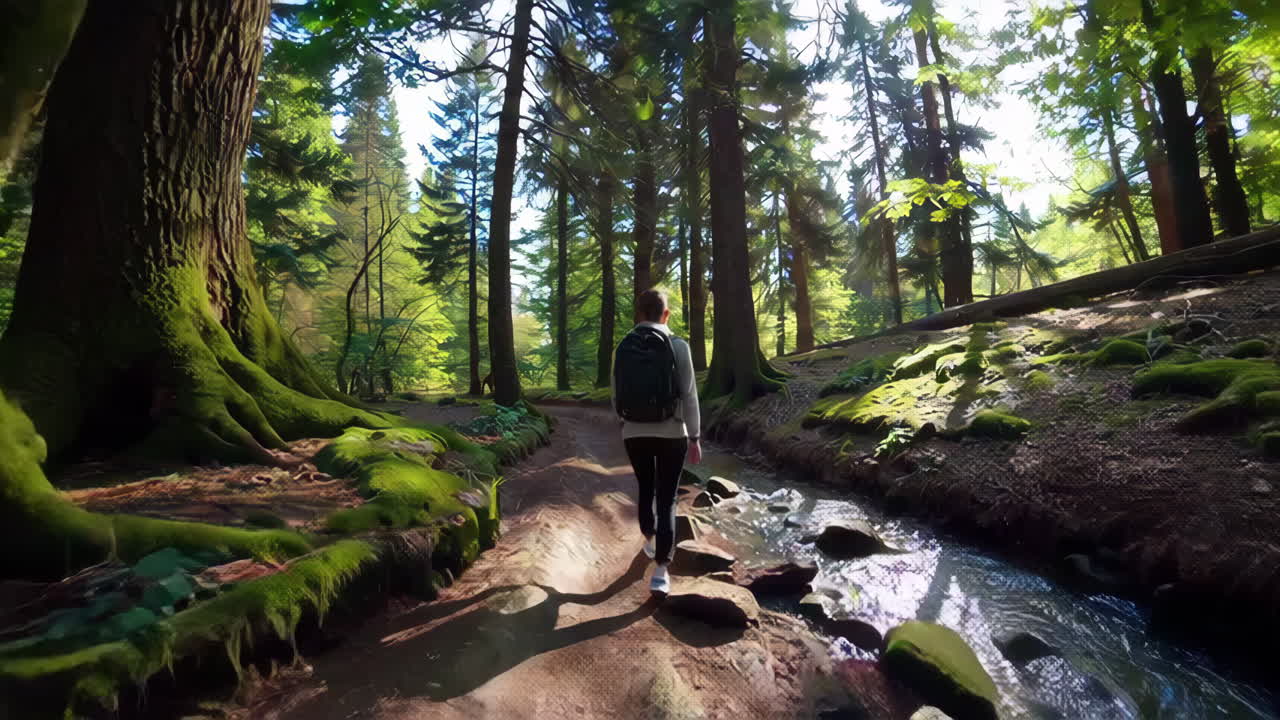 울창 한 숲 에서 산책 하는 여자