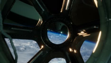 Cockpit-view-from-International-Space-Station-operating-nearby-of-planet-Earth