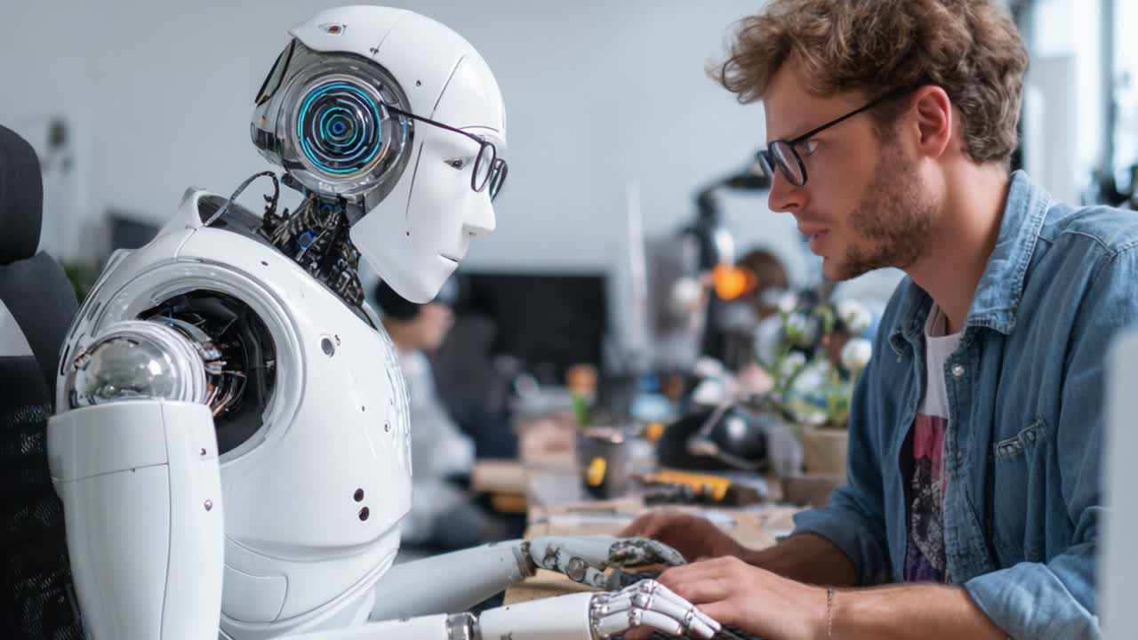 A Human and a Robot Engaged in a Thoughtful Interaction, Exploring the Realm of Artificial Intelligence and Human Collaboration in a Modern Workspace Setting