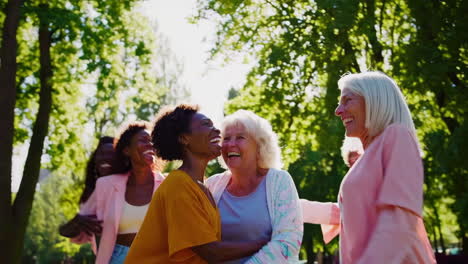 joyful group of diverse women dancing and celebrating in a sunny park