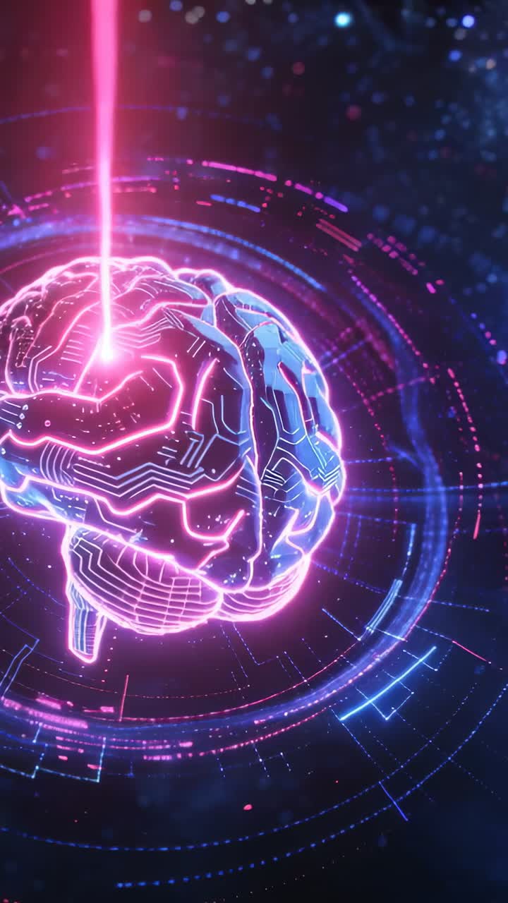 Vertical video: Appearing pink laser striking neon holo brain in space, activating circuits, HUD