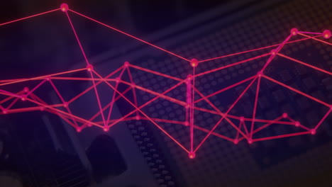 red network connections animation over electronic circuit board background