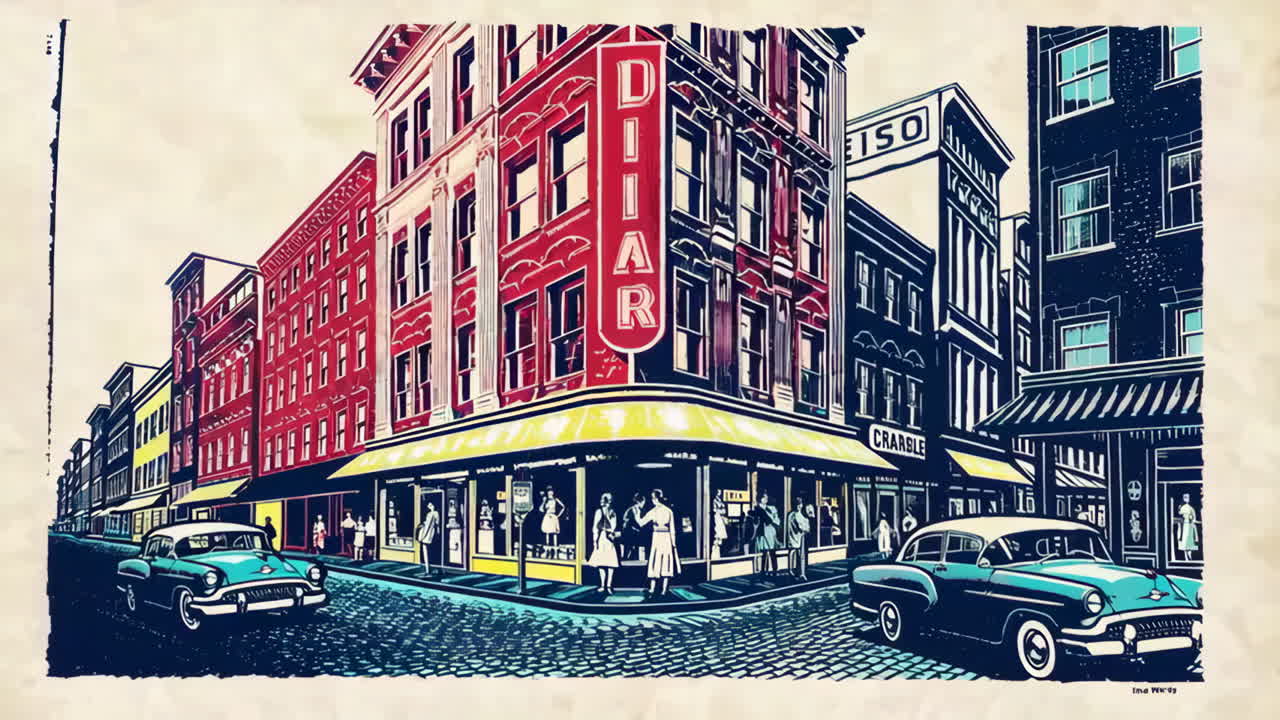 Vibrant 1950s Pop Art Cityscape with Classic Cars and Diner