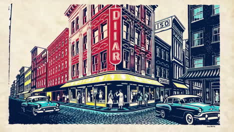 vibrant 1950s pop art cityscape with classic cars and diner