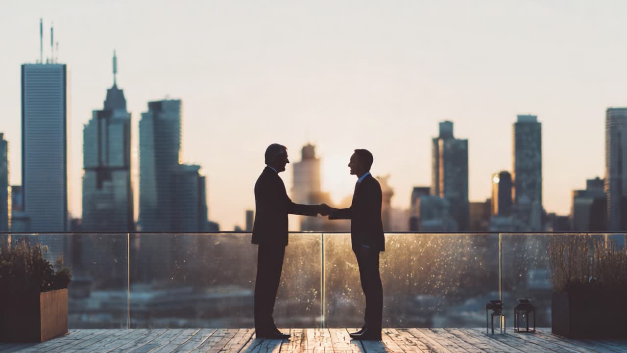 Two Professionals Engaging in a Handshake Against a City Skyline at Sunset, Symbolizing Partnership, Trust, and Mutual Respect in Business
