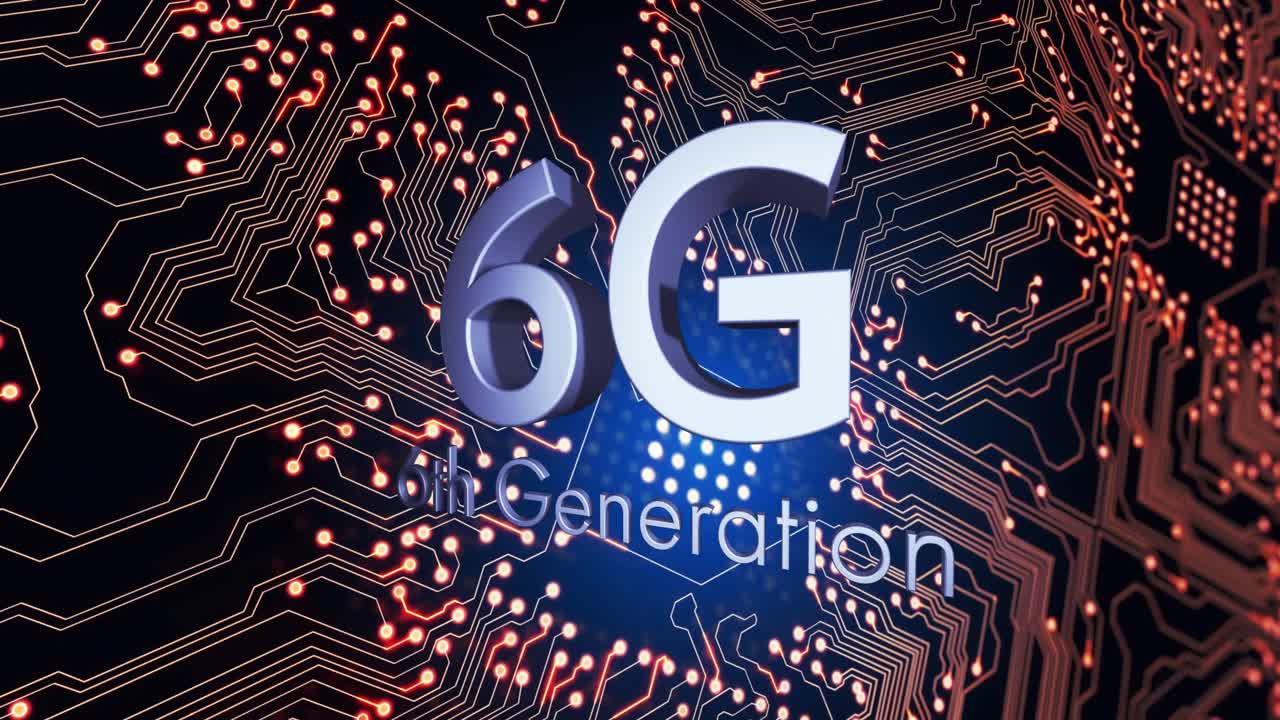 animación de texto de 6 g sobre una placa de circuito de computadora