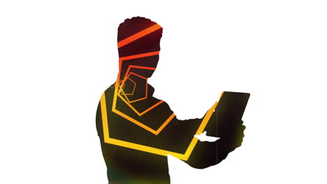 animation of looping hexagon tunnel over thoughtful shadow of man using digital tablet