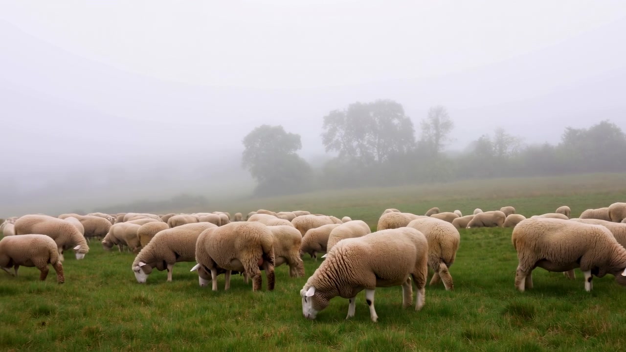Gregge di pecore color crema che pascolano su un umido pascolo verde in una mattina nebbiosa, con le teste abbassate, mentre una leggera nebbia, luce soffusa e alberi distanti creano una calma atmosfera pastorale.