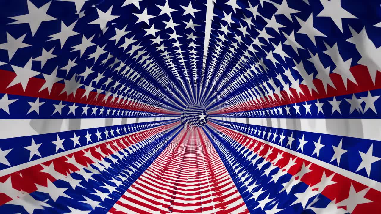 Spiraling tunnel of red, white, and blue stars creates a dynamic visual flow, showcasing a vibrant patriotic theme in continuous motion sequence