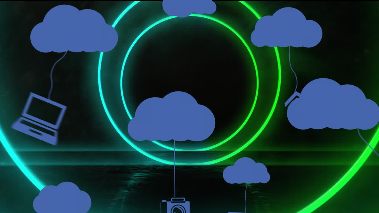 Animation of cloud with icons over neon circles on black background