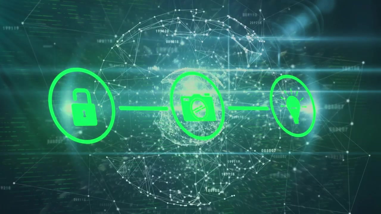 Animation of network of connections with online security padlock over dark background
