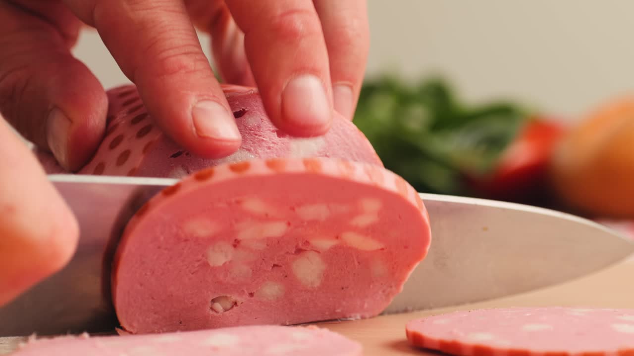 Ham italian mordatella, man Slices Of Traditional Italian antipasti mortadella sausage on a wooden cutting board, close up macro of chicken or turkey jamon, fat breakfast dish.
