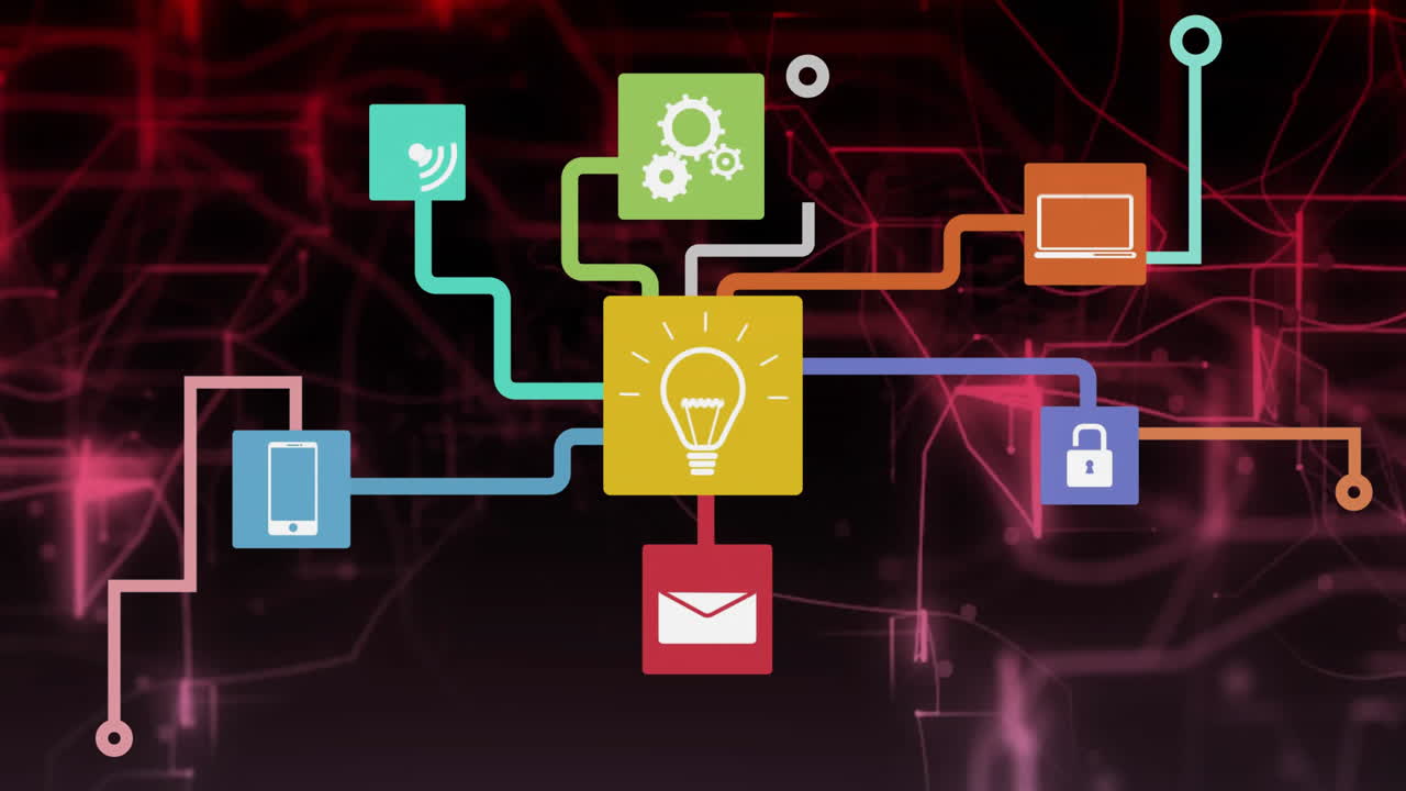 Colored square icons flowing and connecting over dark network backdrop in flat design illustration