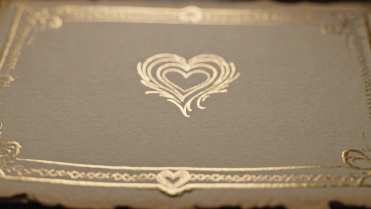 Pulling focus, camera showing deckled card edge on tabletop, revealing gold foil heart and border