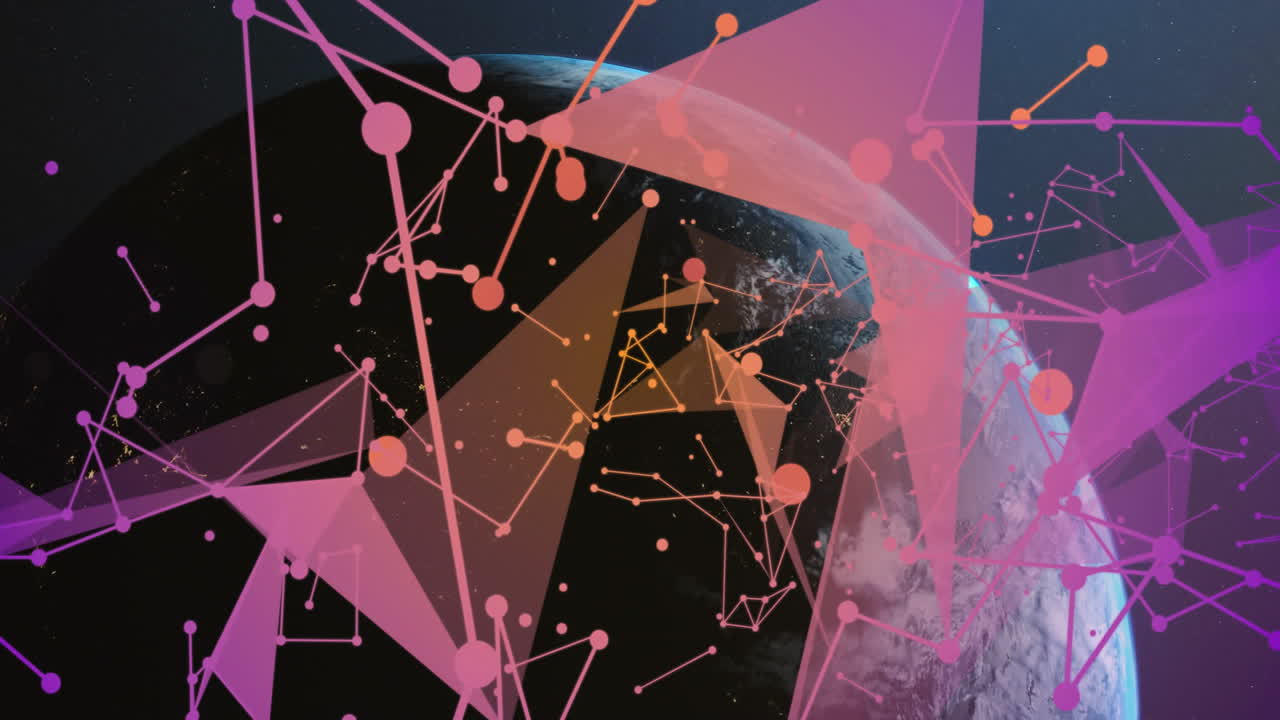 Animation of pink and orange geometric shapes forming network over Earth in space