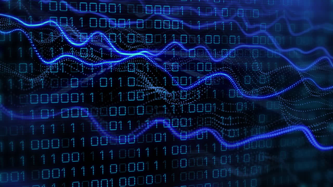 Animation of binary coding and digital data processing over black background
