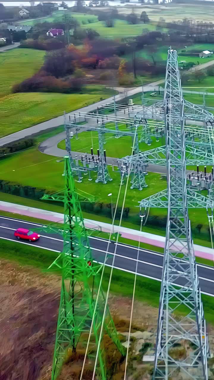 Electricity Substation in a green neighborhood connecting energy, power industry for the environment, drone flight around the tower, vertical shot