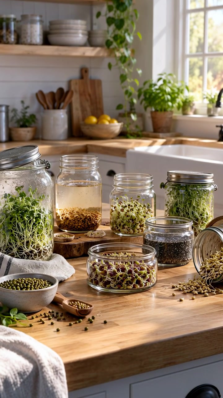 Clear jars hold dense green sprouts, sprouted beans, dark seeds, and one batch soaking in water while gentle rightward motion passes sunlit wood worktop, white sink, and potted greenery.
