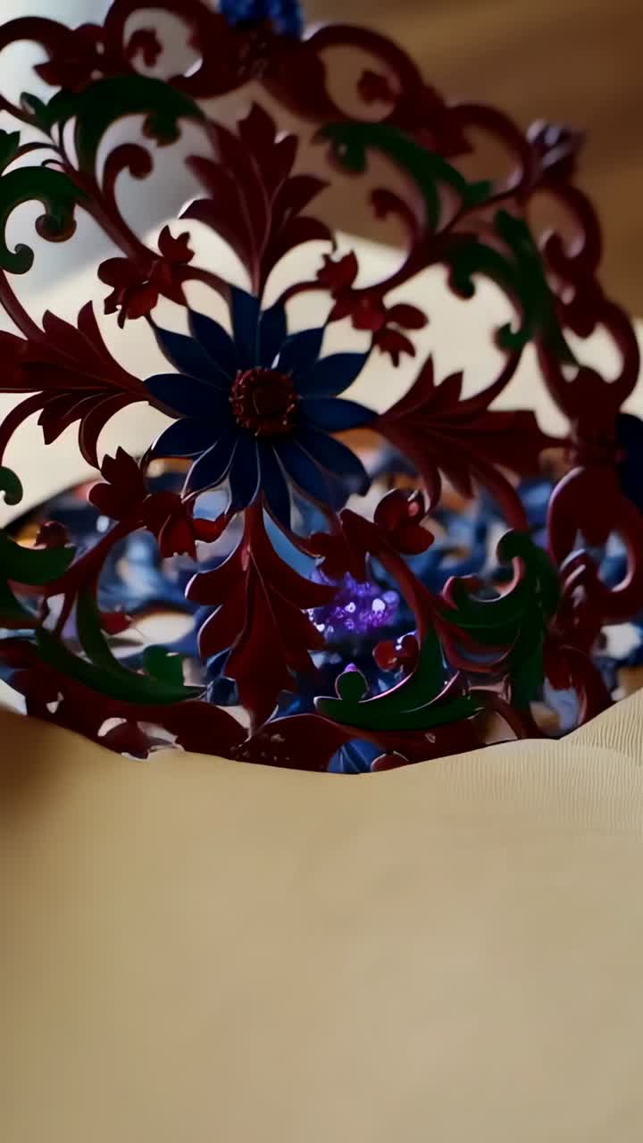 Vídeo vertical: mão puxando e retirando enfeite de envelope sobre a mesa, revelando motivo floral azul