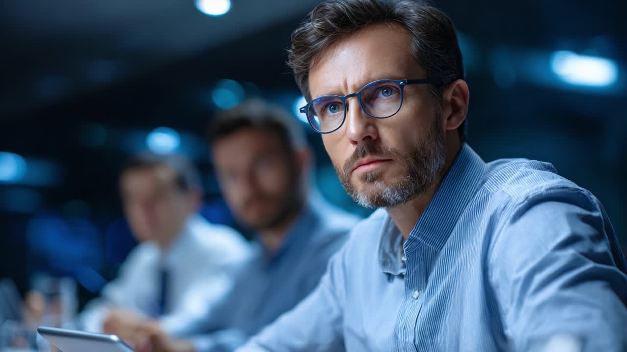 Focused professional engaged in a meeting, displaying concentration and deliberate thought amidst colleagues in a modern conference environment