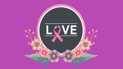 animation of pink ribbon logo and breast love with flowers on purple