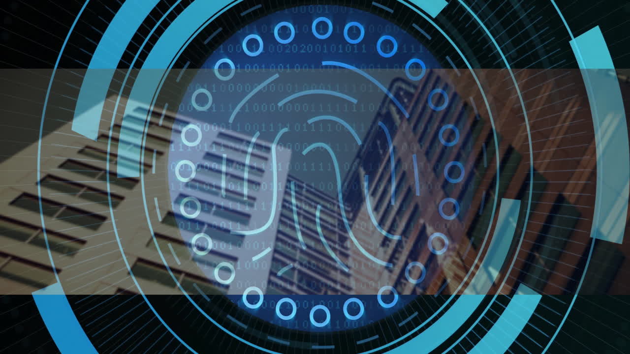 Fingerprint UI element being displayed over cityscape with streaming binary code and tilted towers