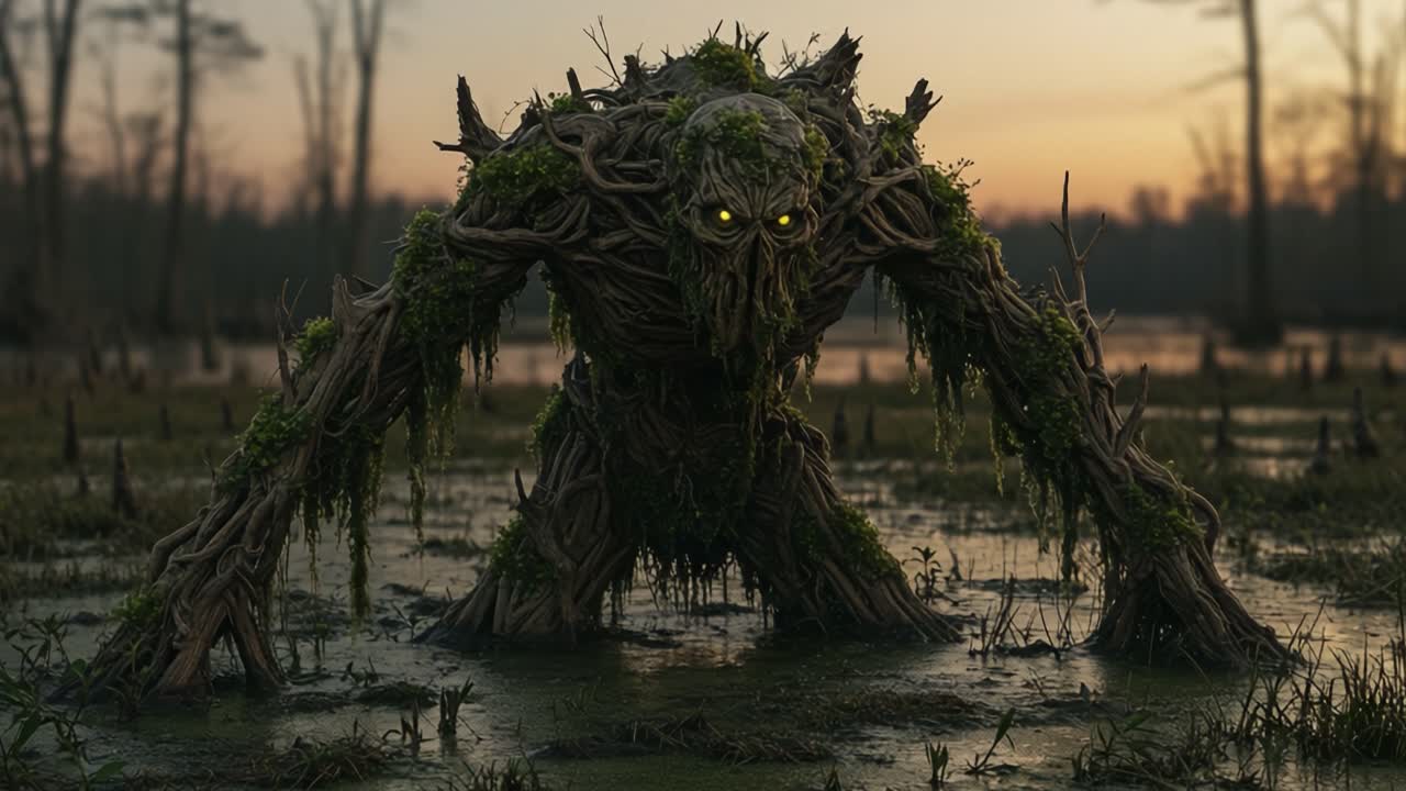 A mystical creature emerges from the marsh at twilight, its body composed of twisted branches and moss, illuminated by the eerie glow of its yellow eyes, embodying the essence of nature's raw power