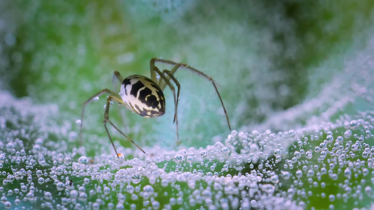 Nærbilde av edderkopp (Linyphia hortensis) på nett som spiser byttet sitt
