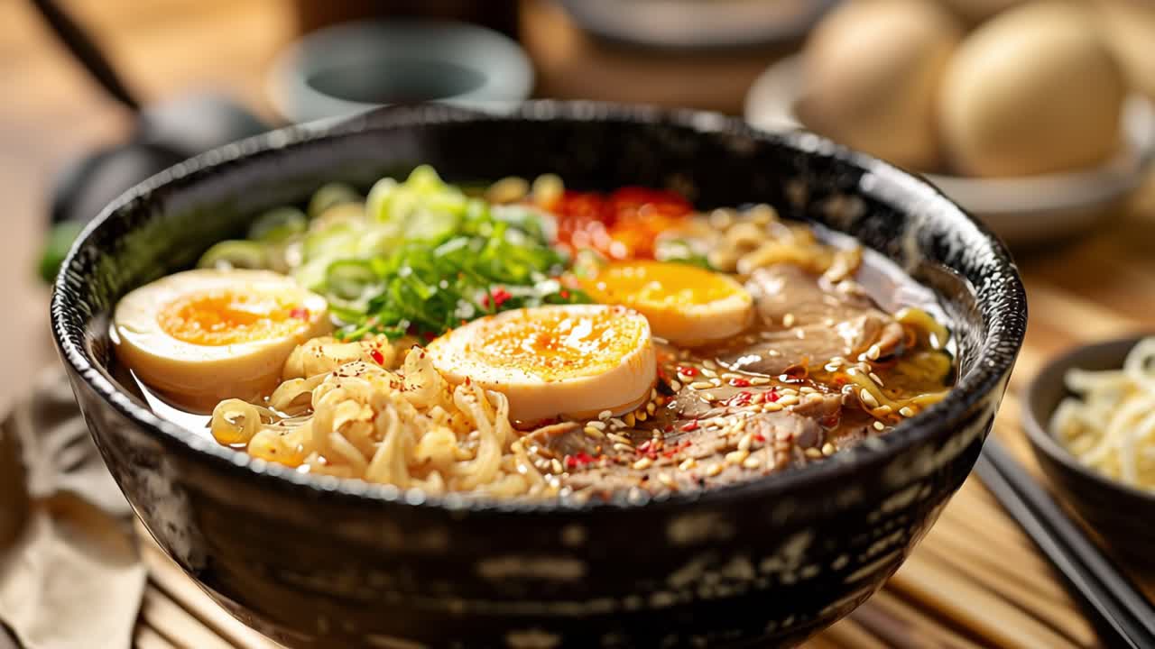 Close up of a delicious bowl of ramen featuring seasoned eggs, tender slices of beef, fresh spring onions, and aromatic broth, creating a visually appealing and flavorful culinary experience