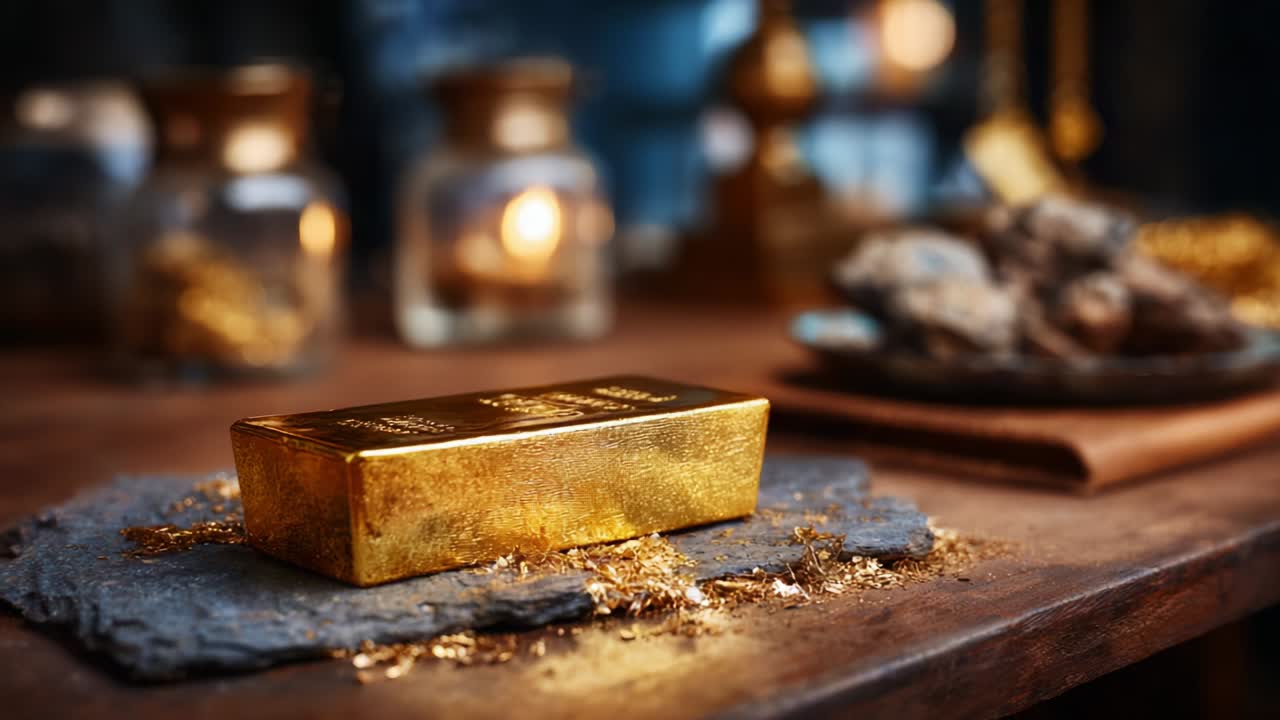 A Captivating Display of Brilliance: A Glimmering Gold Bar Resting on a Dark Slate Surface Surrounded by Fine Gold Dust, Glowing Jars, and Opulent Objects Creating a Luxurious Ambience