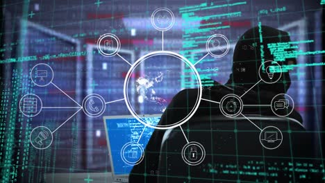 animation of interface with globe and connected icons and and hooded hacker using laptop computer