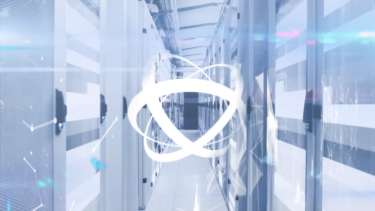 서버 방 위에 기하학적 모양과 렌즈 플레어와 함께 회전하는 추상적인 패턴의 애니메이션