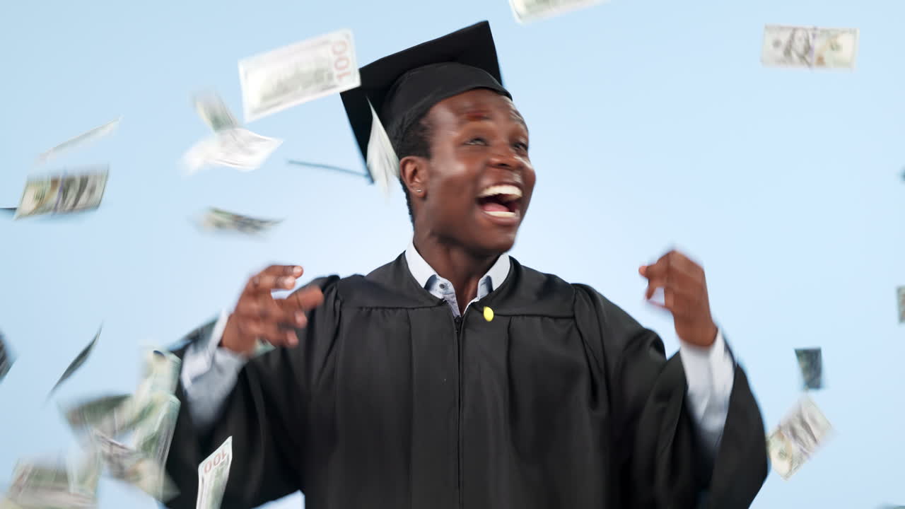 Graduation, money or excited black man in studio