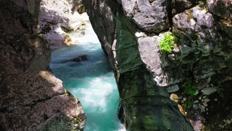 Drone-shot-of-rushing-waters-of-the-River-Soca-in-Slovenia