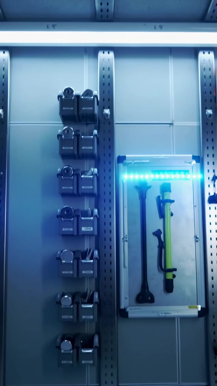 Video verticale: Attivazione di una striscia LED che invia una banda blu attraverso il display, evidenziando un lucchetto verde neon.