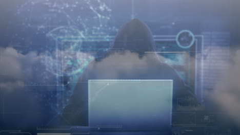 animación del globo y procesamiento de datos sobre hacker con computadora portátil