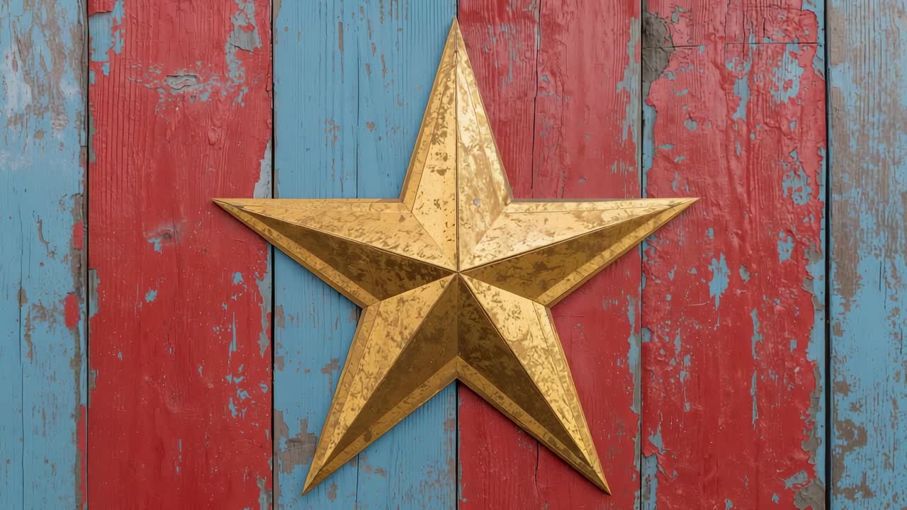 Starting camera capturing metallic five-pointed star on weathered wooden wall for decoration
