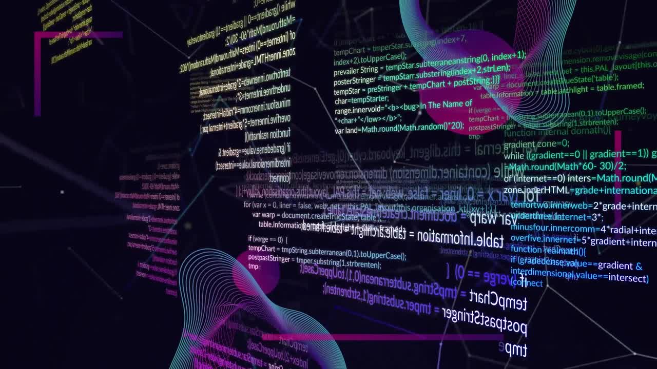 animación del procesamiento de datos con una red de conexiones y formas sobre fondo negro.