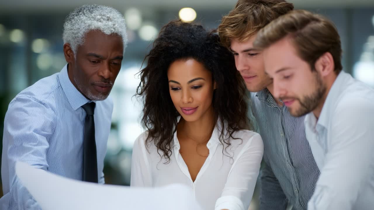 Collaborative Discussion Among Diverse Professionals Analyzing Plans: A Group of Four Individuals Engaged in Teamwork and Strategy Evaluation in a Modern Office Environment