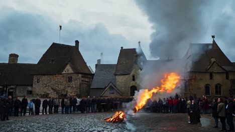 una multitud de personas se reúnen alrededor de una fogata en una aldea medieval