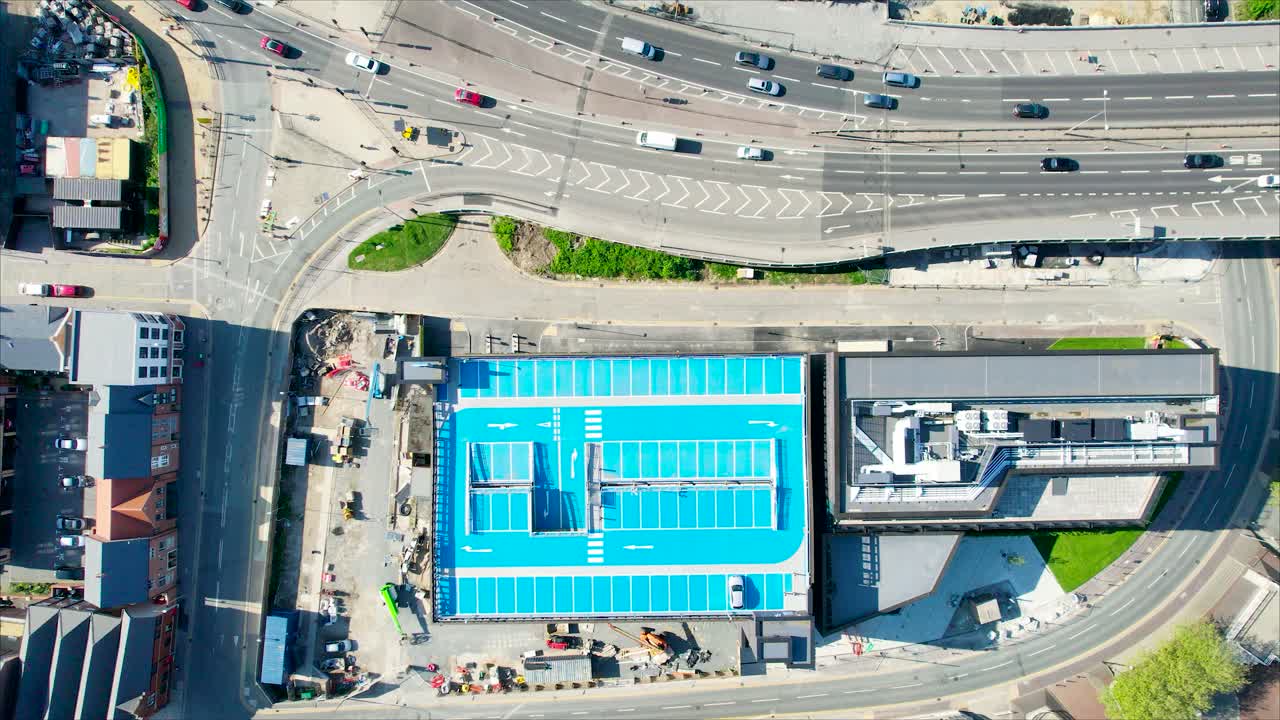 Top View Of The Blue Facade Of The Car Park Near The Intersection In Kingston Upon Hull City In UK