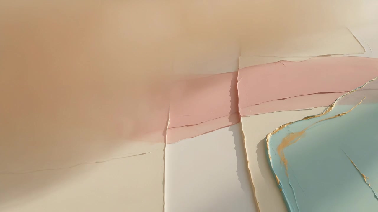 Hånd fejer hen over bordplade, passerer over revne pastelfarvede papirer og turkisblå tallerken med guldkant.